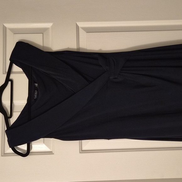 Lauren Ralph Lauren Navy Blue Portrait Collar Cap Sleeve Crepe Sheath Gown - Picture 5 of 9